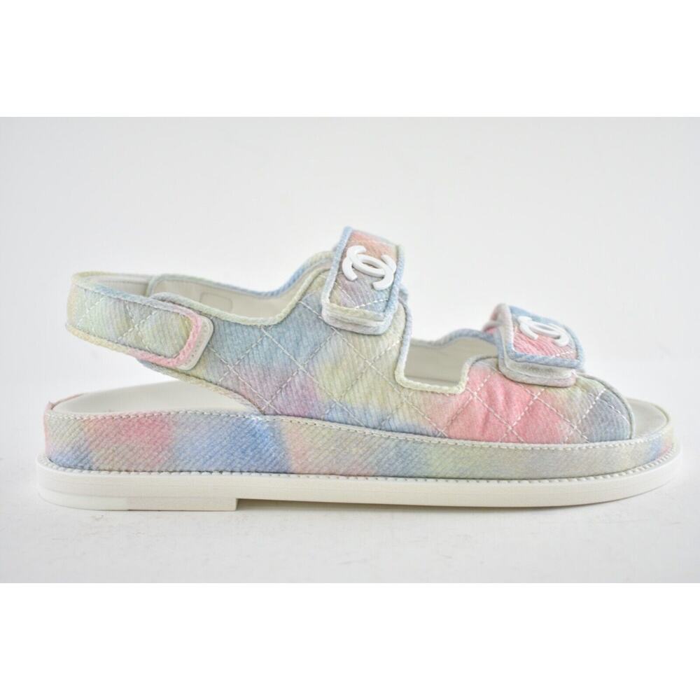 Chanel 22C Green Pink Blue White CC Logo Mule Slide Strap Flat Dad Sandal 35 - Picture 2 of 12